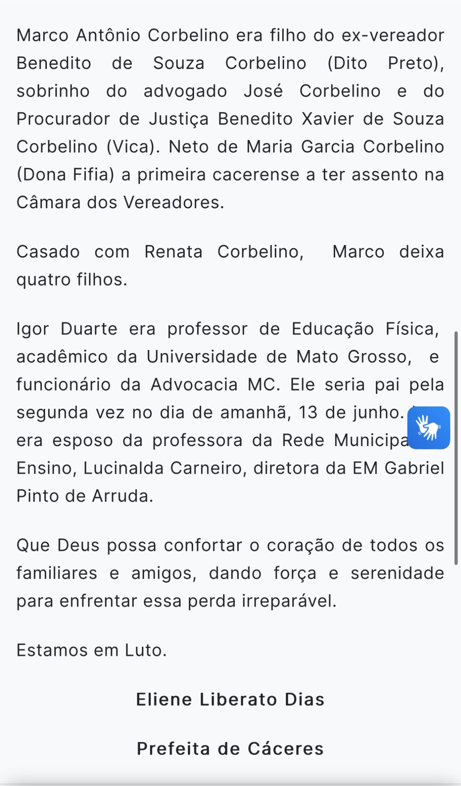 Nota de comoção enviada pela prefeita de Cáceres