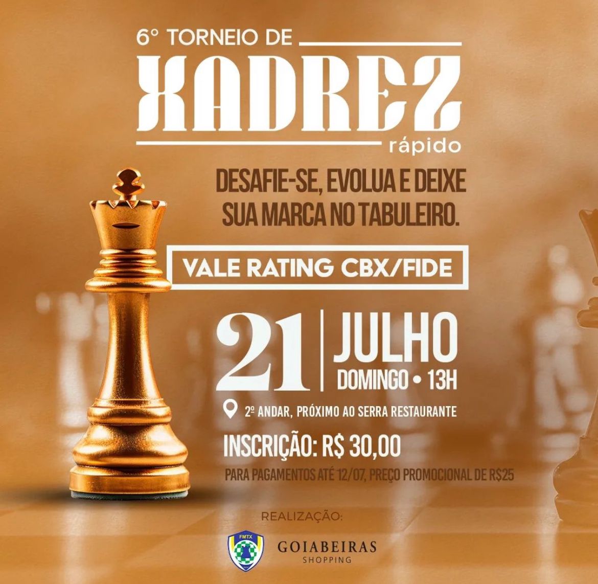 Você é bom em estratégia? Mostre seu talento no 6º Torneiro de Xadrez Rápido em Cuiabá