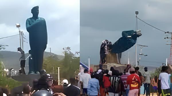 Manifestantes derrubam estátua de Hugo Chávez em protesto contra Maduro na Venezuela