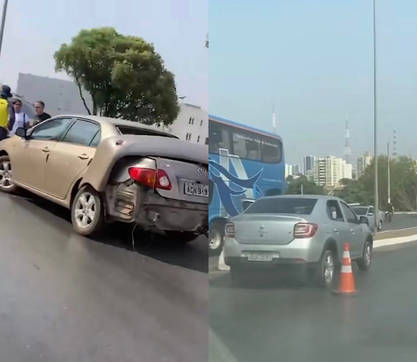 Batida entre Corolla e Logan causa congestionamento na Av. Miguel Sutil, em Cuiabá