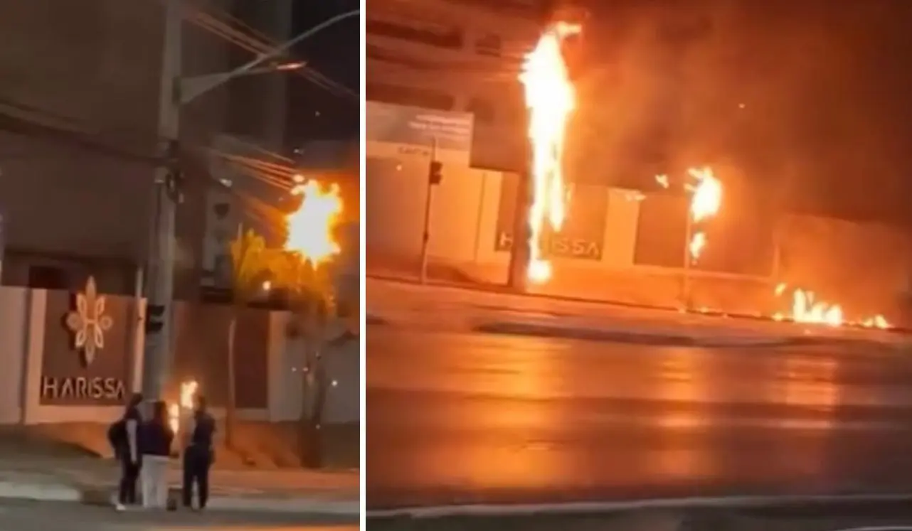 Poste pega fogo em frente a construção do Edifício Harissa na Avenida Fernando Corrêa