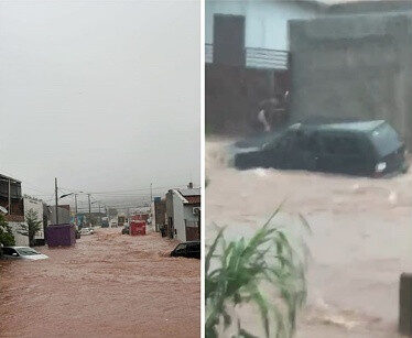 Temporal deixa cidade alagada e veículos submersos em MT
