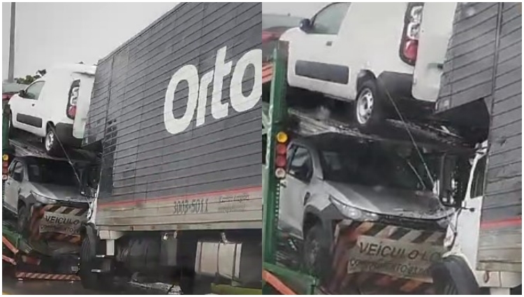 Motorista é socorrido após engavetamento entre caminhão-cegonha e duas carretas