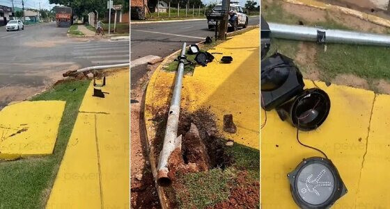 Carreta derruba semáforo no cruzamento da Rua dos Mamoeiros em Nova Mutum