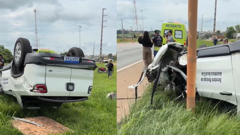 Motorista dorme ao volante, capota carro e deixa passageira ferida