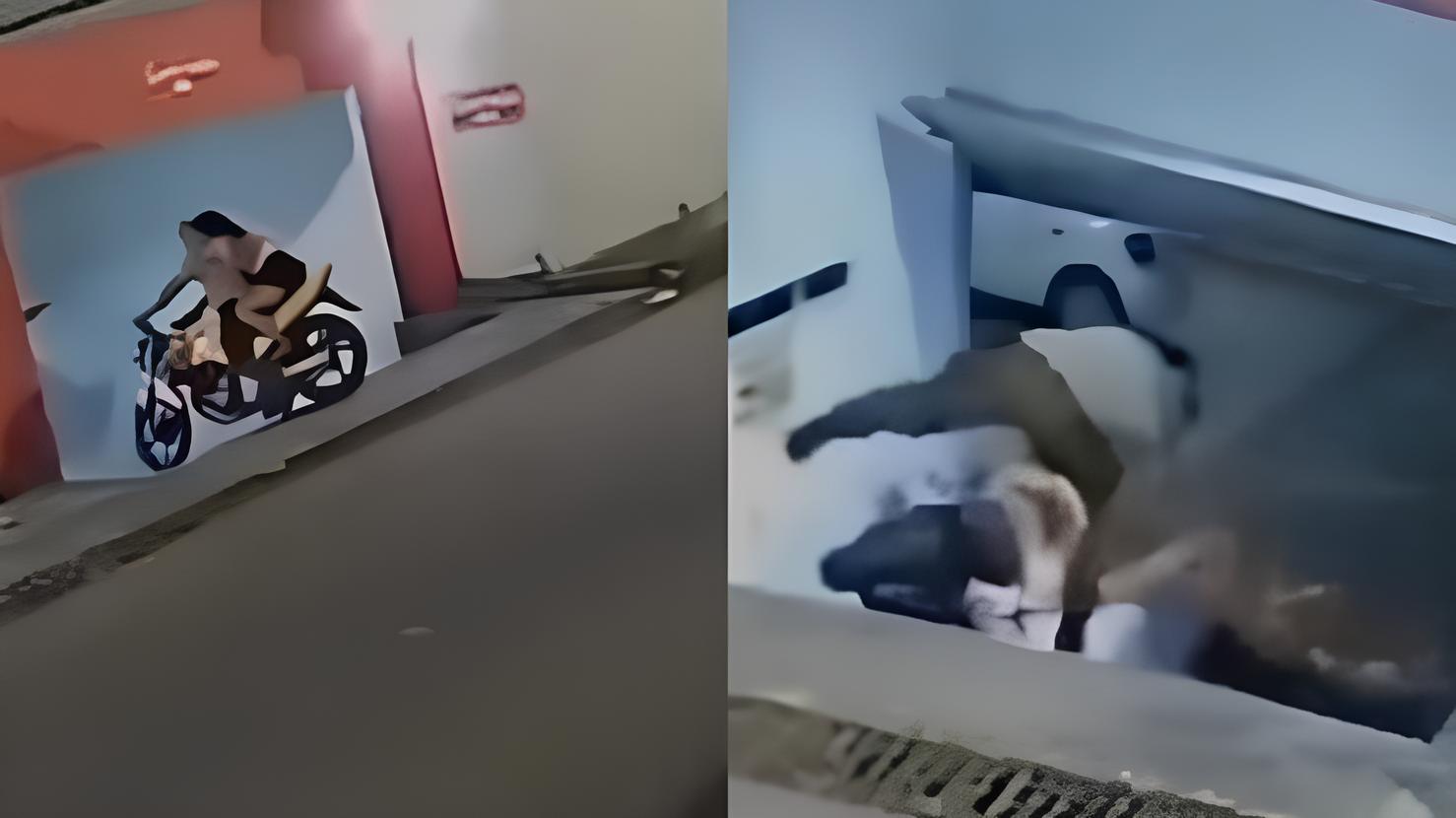 Casal viraliza ao cair várias vezes de moto no estacionamento do motel
