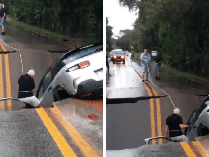 Cratera engole carro em Florianópolis e chuvas preocupam autoridades; VEJA VÍDEO