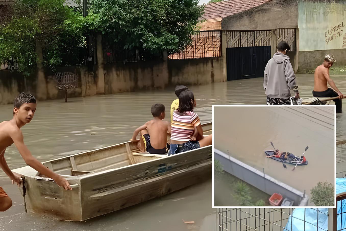 Crianças brincam com caiaque em meio à chuva