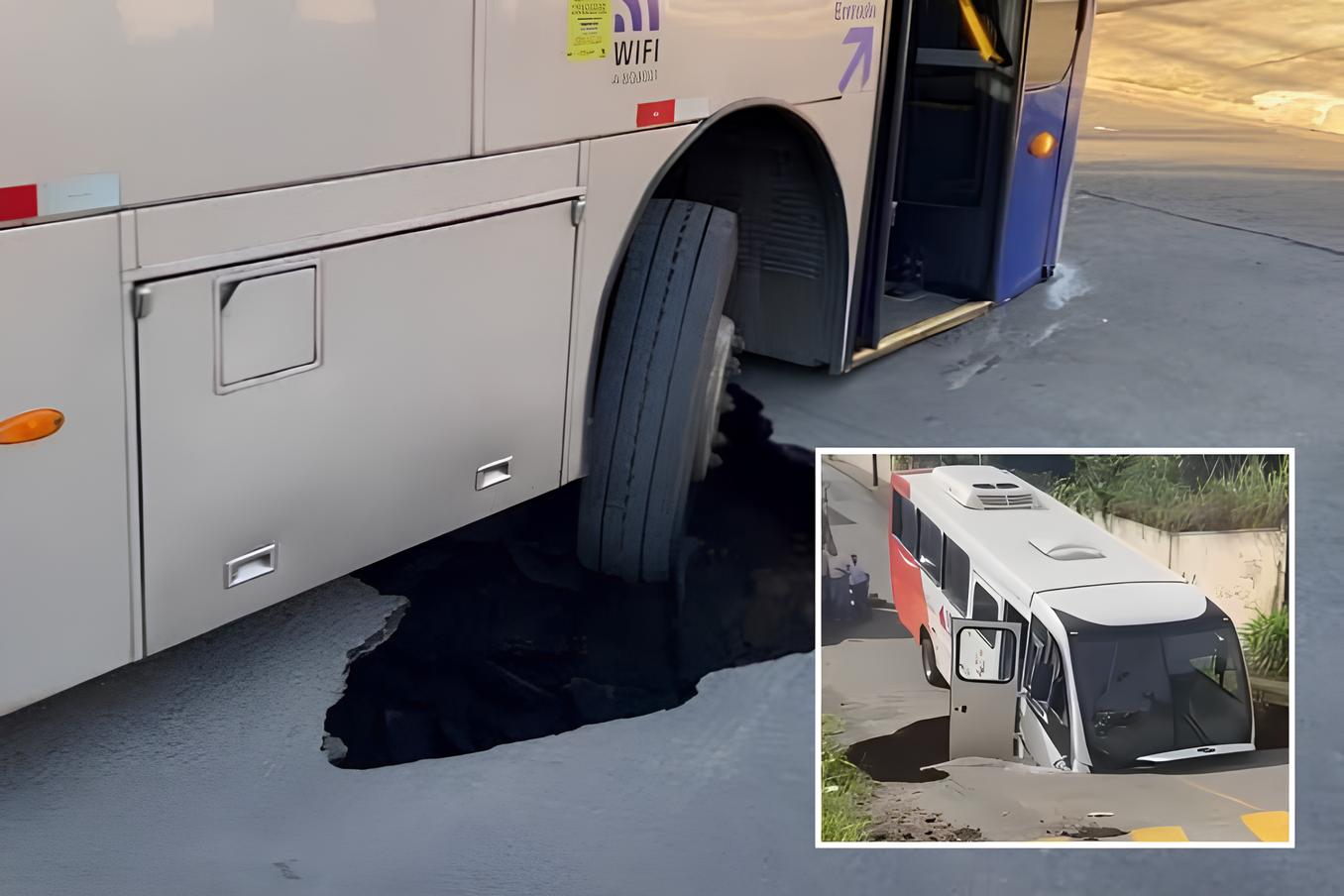 Asfalto cede em Lavras e ônibus afunda; VEJA VÍDEO