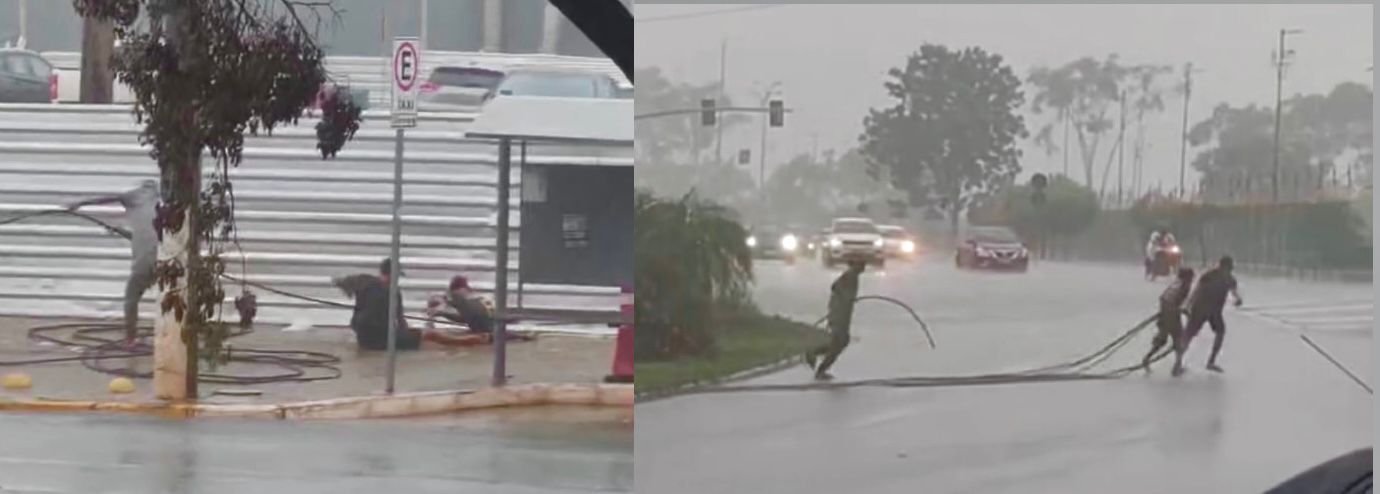 Trio é flagrado arrancando fios de cobre em frente ao Shopping Popular