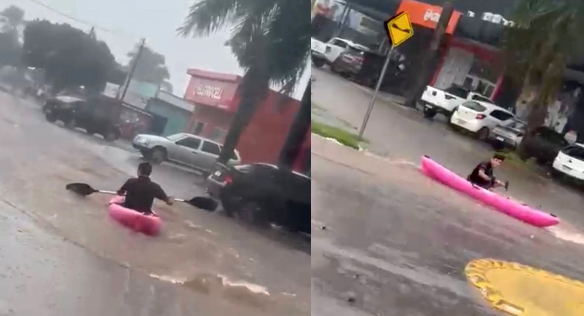 Rapaz de Caiaque em Avenida Alagada Chama Atenção
