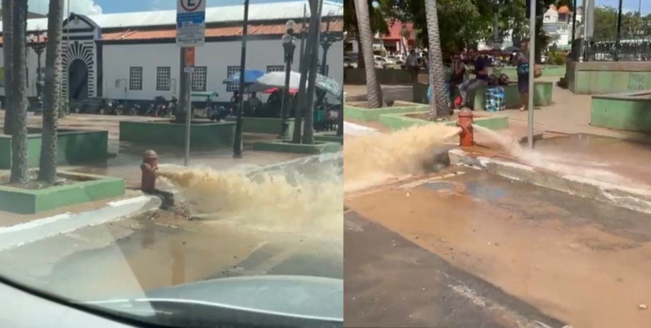 Hidrante vaza e transforma praça central de Cuiabá