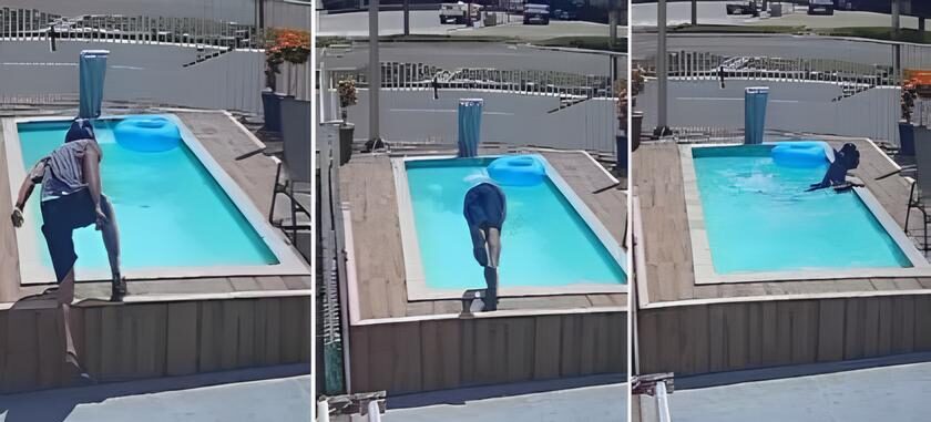 De capacete e tudo! Motociclista se joga em piscina para aliviar o calor; veja vídeo