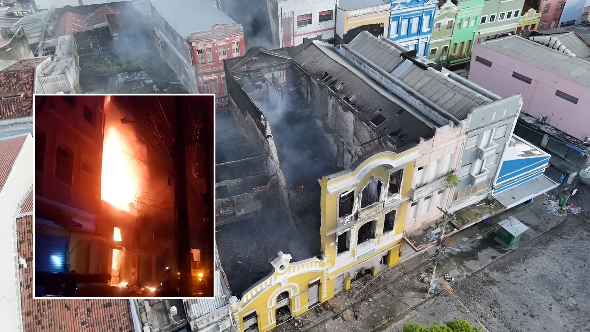 Fogo destrói prédio histórico do antigo Cinema Glória e atinge loja de festas; veja vídeo