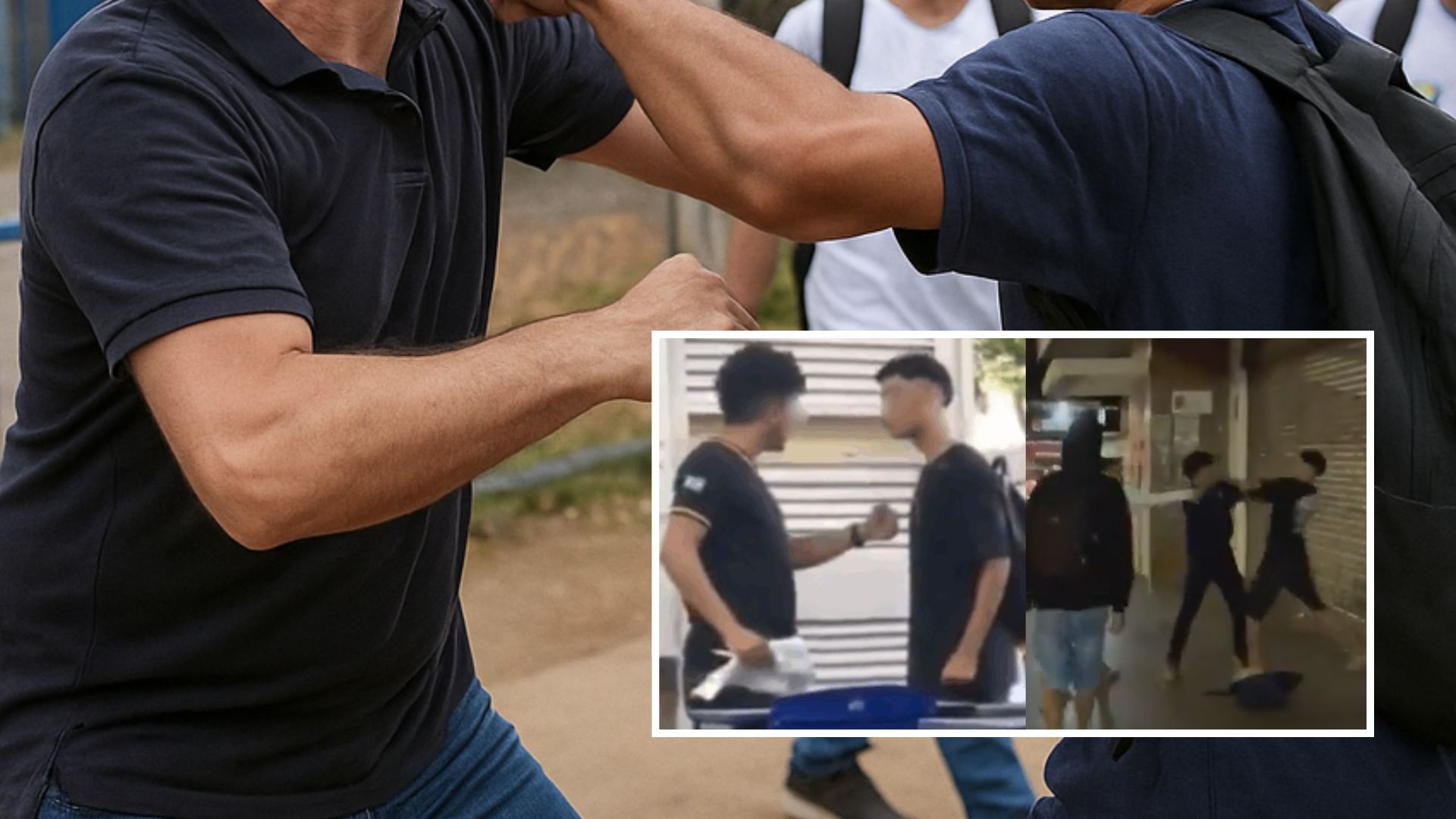 Briga entre aluno e professor termina em pancadaria na porta de escola; veja vídeo