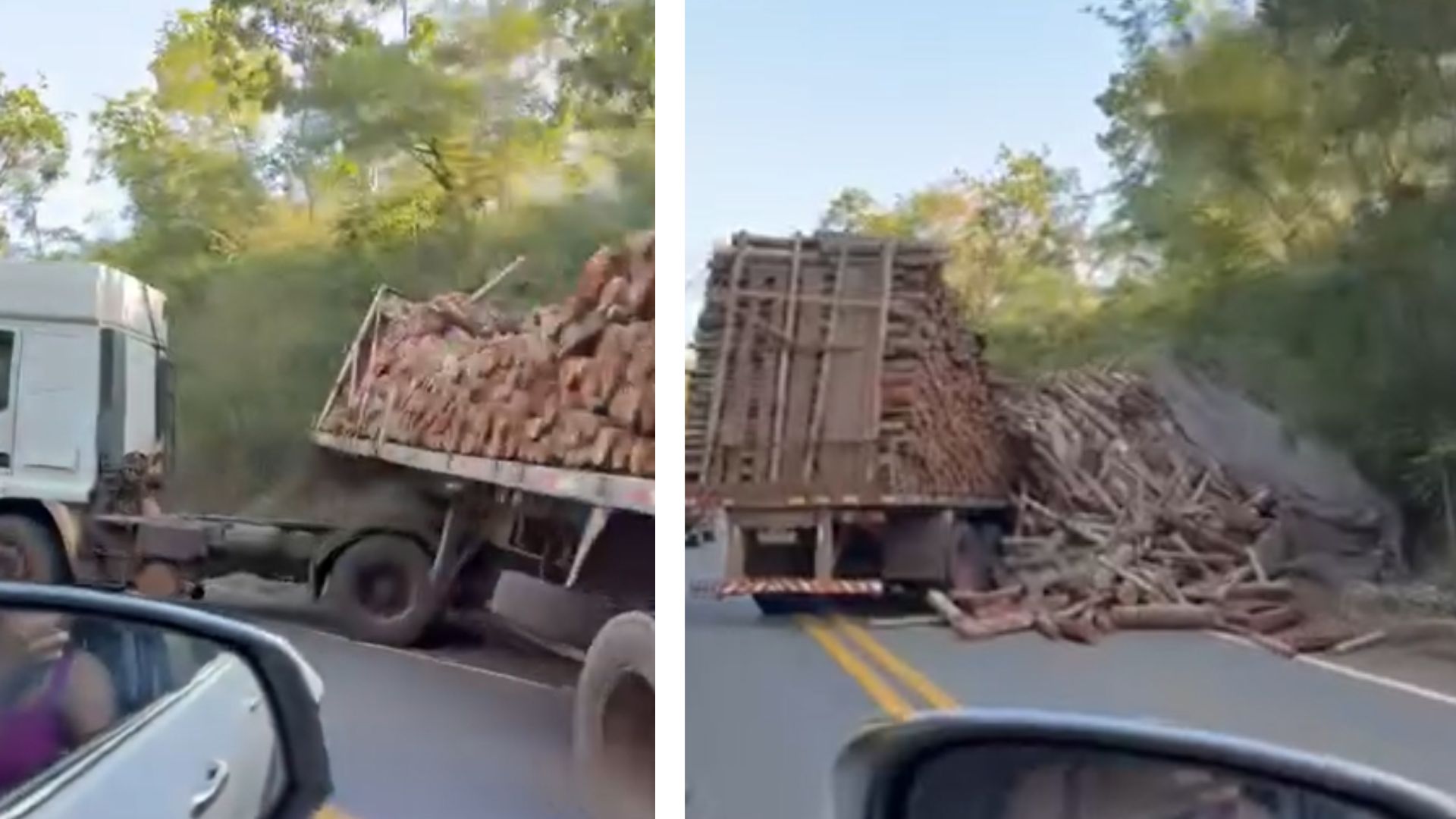 Carreta tomba e derruba toras de madeira na estrada do Manso; veja vídeo