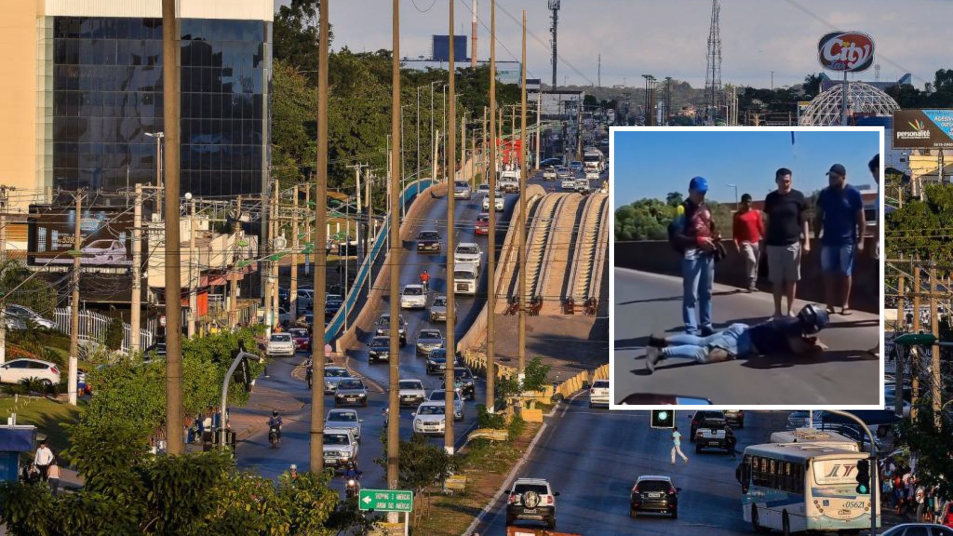 Motociclista cai no viaduto em Cuiabá e levanta alerta sobre risco de areia na pista; veja vídeo