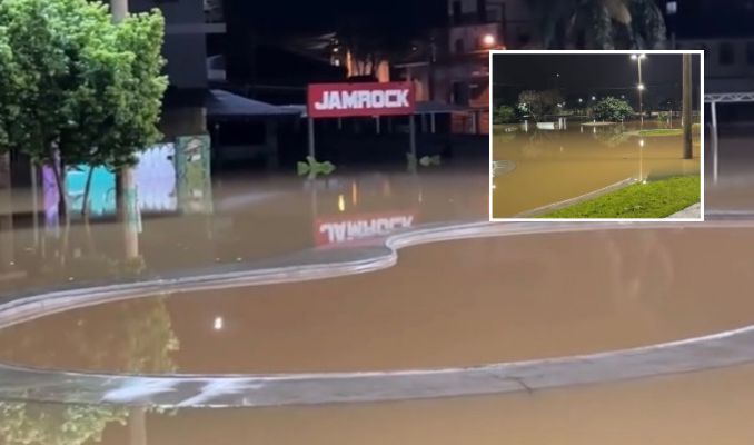 Tampada pela água da enchente, pista de skate em Lajeado parece uma piscina a céu aberto