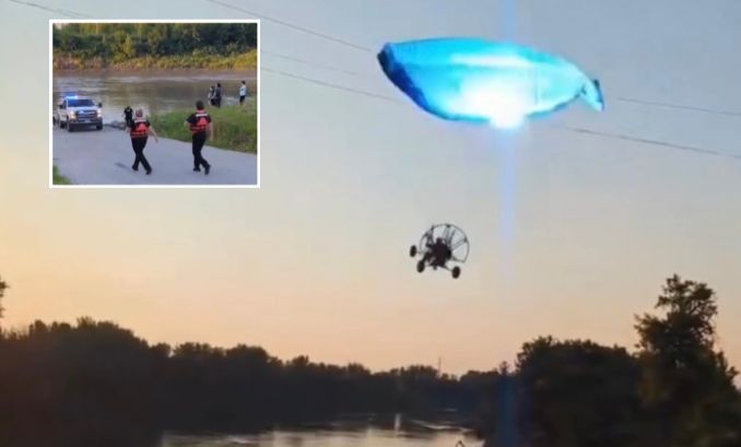 Imagens mostram parapente atingindo fio de alta tensão e caindo em rio nos EUA