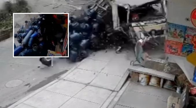 Caminhão cheio de botijões de gás perde o freio, imagens circulam na web