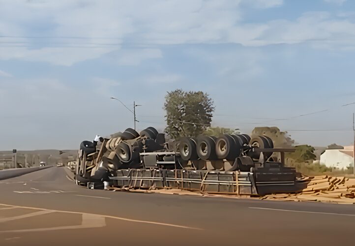 Carreta carregada de madeira tomba em rotatória do Anel Viário de Barra do Garças; veja vídeo