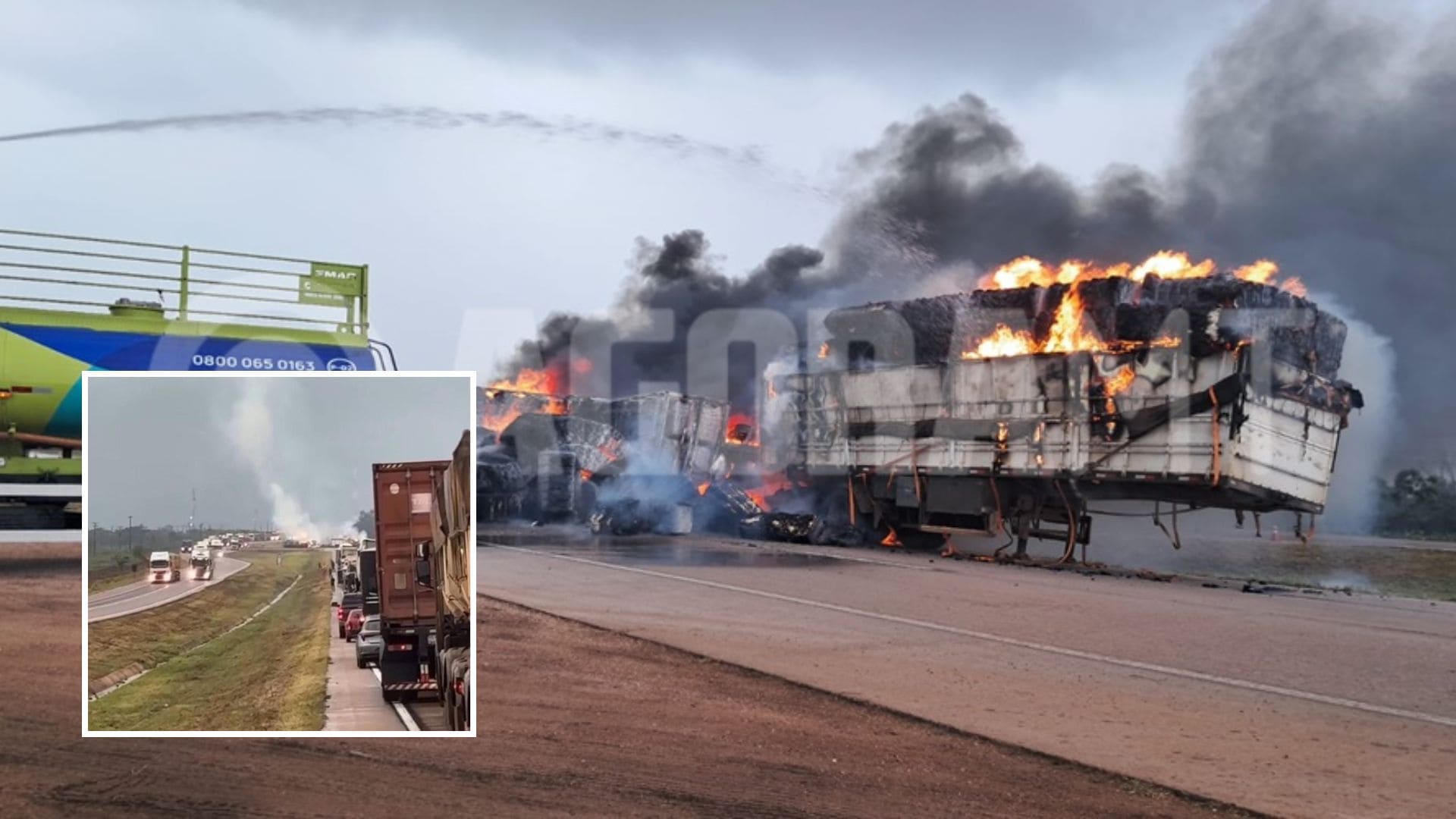 Caminhão carregado de algodão tomba e pega fogo na BR-364 em Campo Verde; veja vídeo