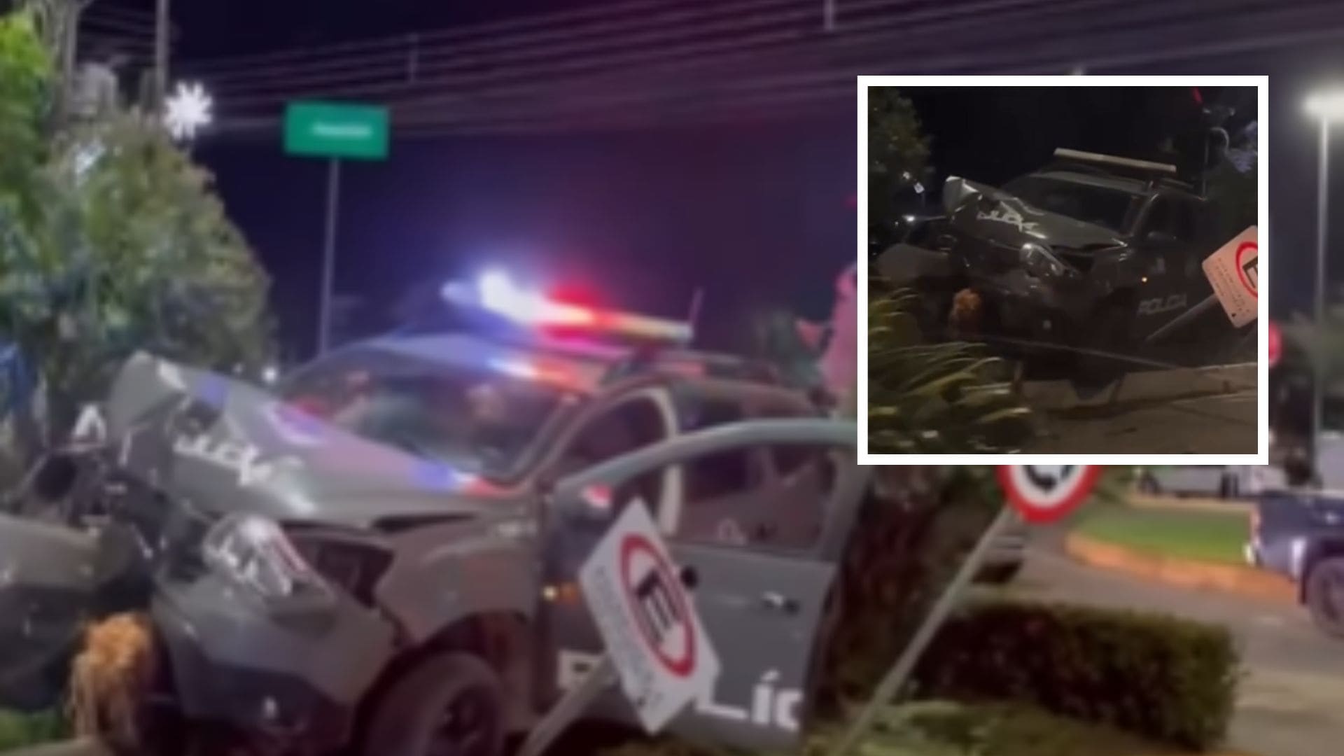 Viatura da Cavalaria bate em carro e derruba palmeira em rotatória de Sinop; veja vídeo
