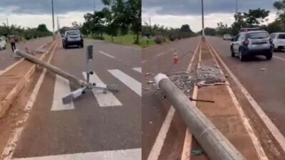 Motorista derruba poste com caminhonete e foge do local em Rondonópolis; veja vídeo