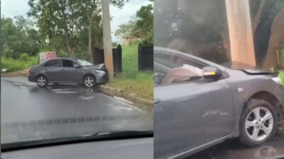 Veículo bate em poste e causa lentidão no trânsito próximo ao Centro de Eventos do Pantanal; veja vídeo