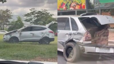 Acidente deixa carros com danos graves e trânsito caótico em avenida movimentada de Cuiabá; veja vídeo