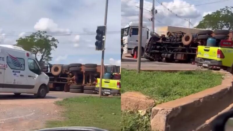 Motorista registra caminhão capotado bloqueando pista na Rodovia dos Imigrantes em VG; veja vídeo