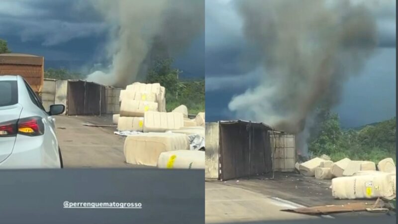 Carreta com carga de algodão tomba e pega fogo na Serra de São Vicente; veja vídeo