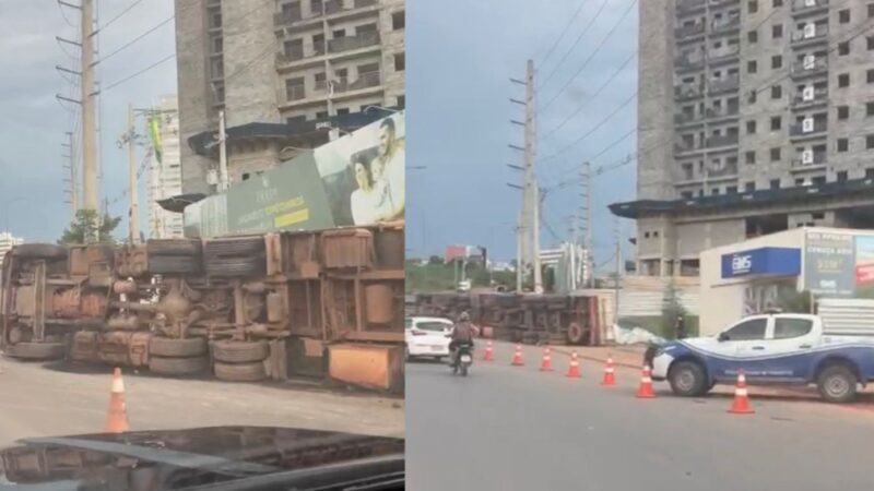 Carreta tomba durante chuva em rotatória da MT-251 e causa lentidão no trânsito em Cuiabá; veja vídeo