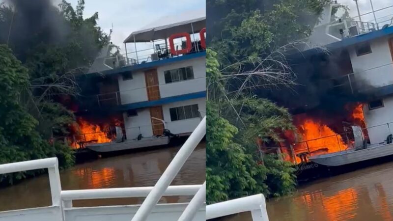 Vídeo mostra momento em que incêndio atinge embarcação e mobiliza moradores em MT; veja vídeo