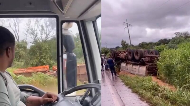Caminhoneiros desviam para evitar batida frontal e caminhões tombam no Anel Viário em Rondonópolis; veja vídeo