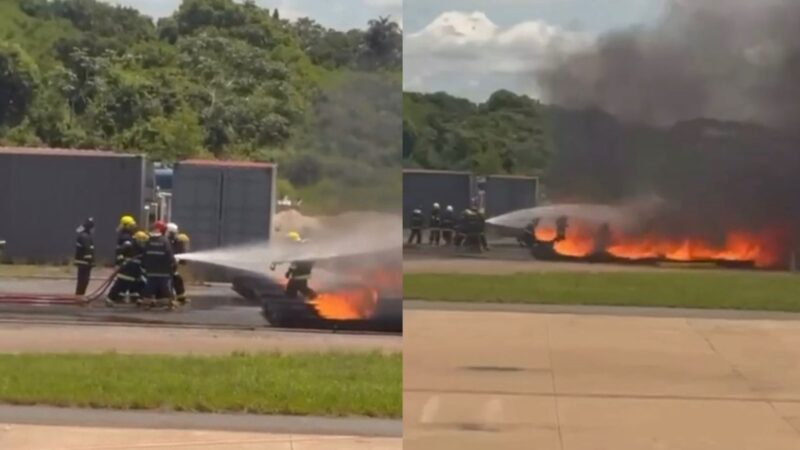Passageiros registram ação de brigadistas durante simulação de incêndio no pátio do aeroporto de VG; veja vídeo