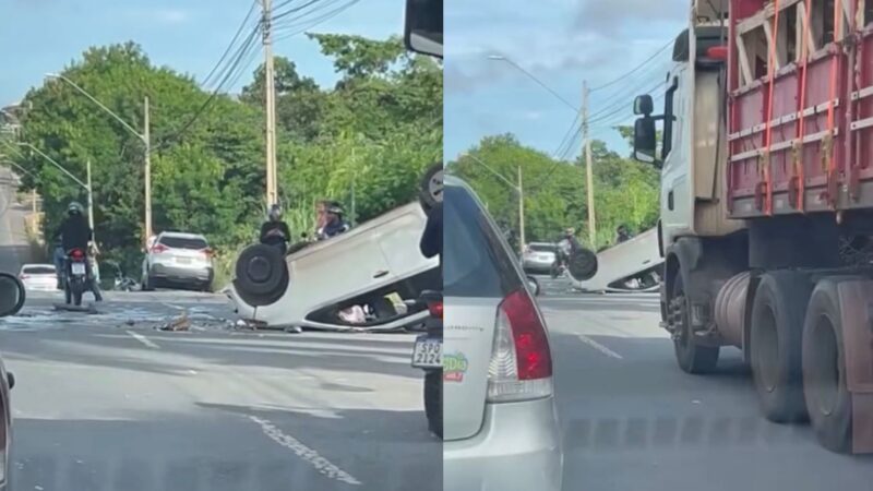 Motorista perde controle e capota carro na Avenida das Torres em Cuiabá; veja vídeo