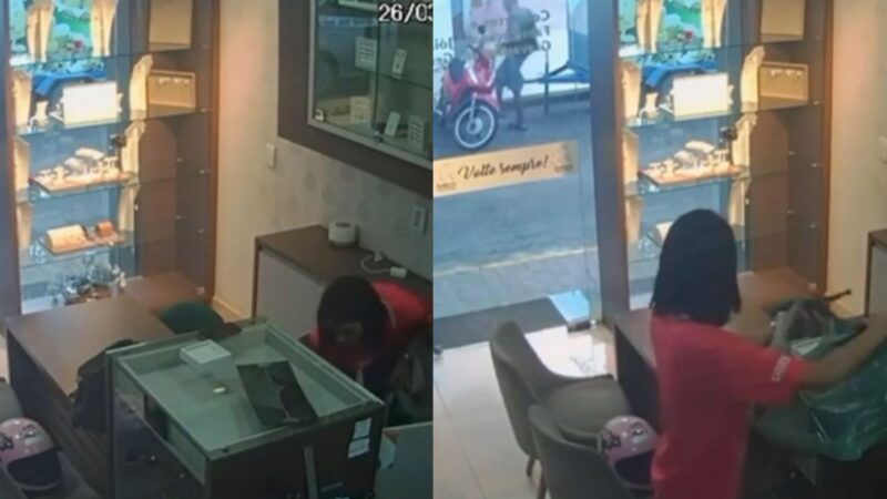 Câmera de segurança registra mulher armada rendendo funcionária durante assalto em Cuiabá; veja vídeo