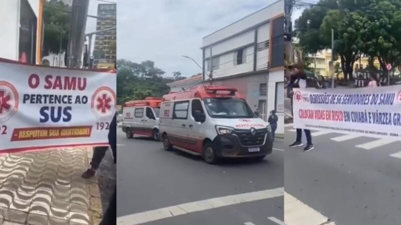 Servidores do SAMU realizam protesto no centro de Cuiabá após desligamento de 56 profissionais; veja vídeo