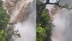 Visitantes registram aumento do volume de água na Cachoeira da Fumaça após chuvas em Jaciara; veja vídeo