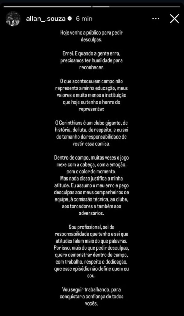 Expulsão por gesto obsceno faz Allan se desculpar após derrota do Corinthians; veja vídeo
