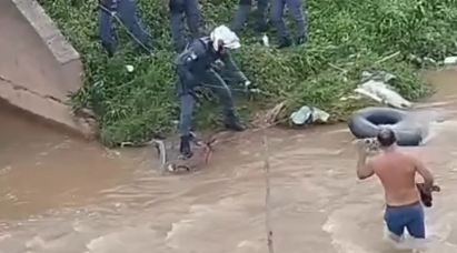 Homem tenta fugir da PM pulando em rio, mas é preso; Veja vídeo