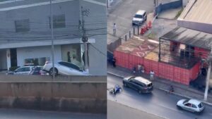 Corolla fica pendurado sobre trincheira após forte batida com motocicleta em Cuiabá; veja vídeo