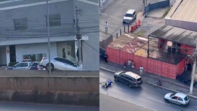 Corolla fica pendurado sobre trincheira após forte batida com motocicleta em Cuiabá; veja vídeo