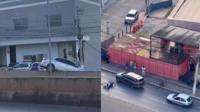 Corolla fica pendurado sobre trincheira após forte batida com motocicleta em Cuiabá; veja vídeo