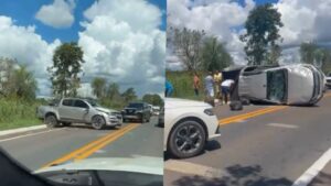 Caminhonete capota na Estrada da Guia e família é socorrida rapidamente por populares; veja vídeo