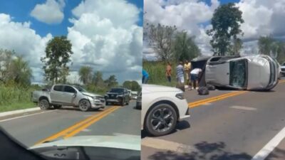 Caminhonete capota na Estrada da Guia e família é socorrida rapidamente por populares; veja vídeo