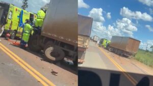 Acidente entre caminhões deixa dois motoristas feridos na BR-163 em Sorriso; veja vídeo