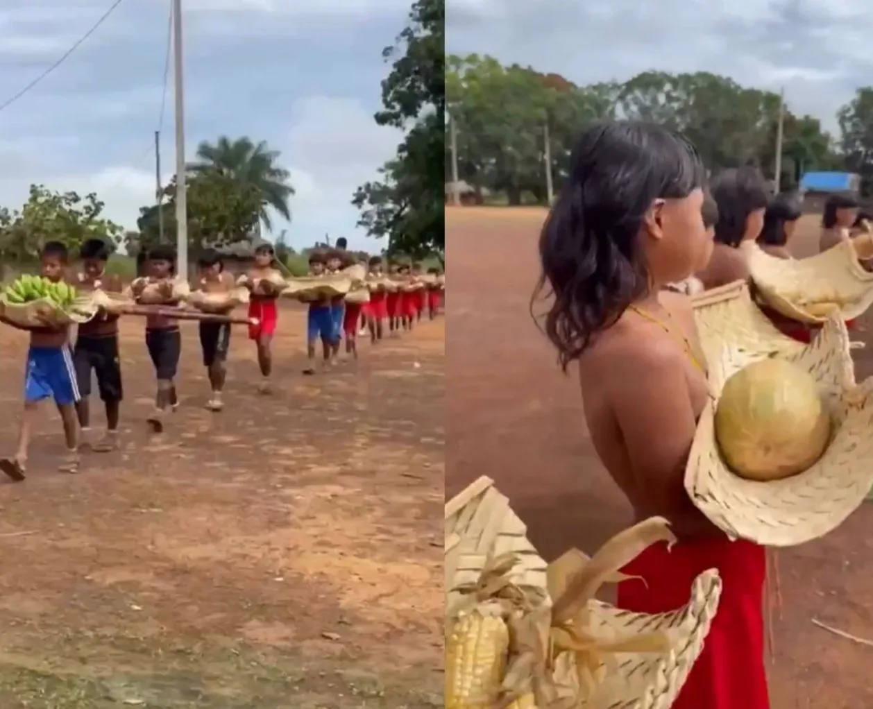 Crianças Xavante mostram alimentos produzidos na aldeia durante entrega de veículo em MT; veja vídeo