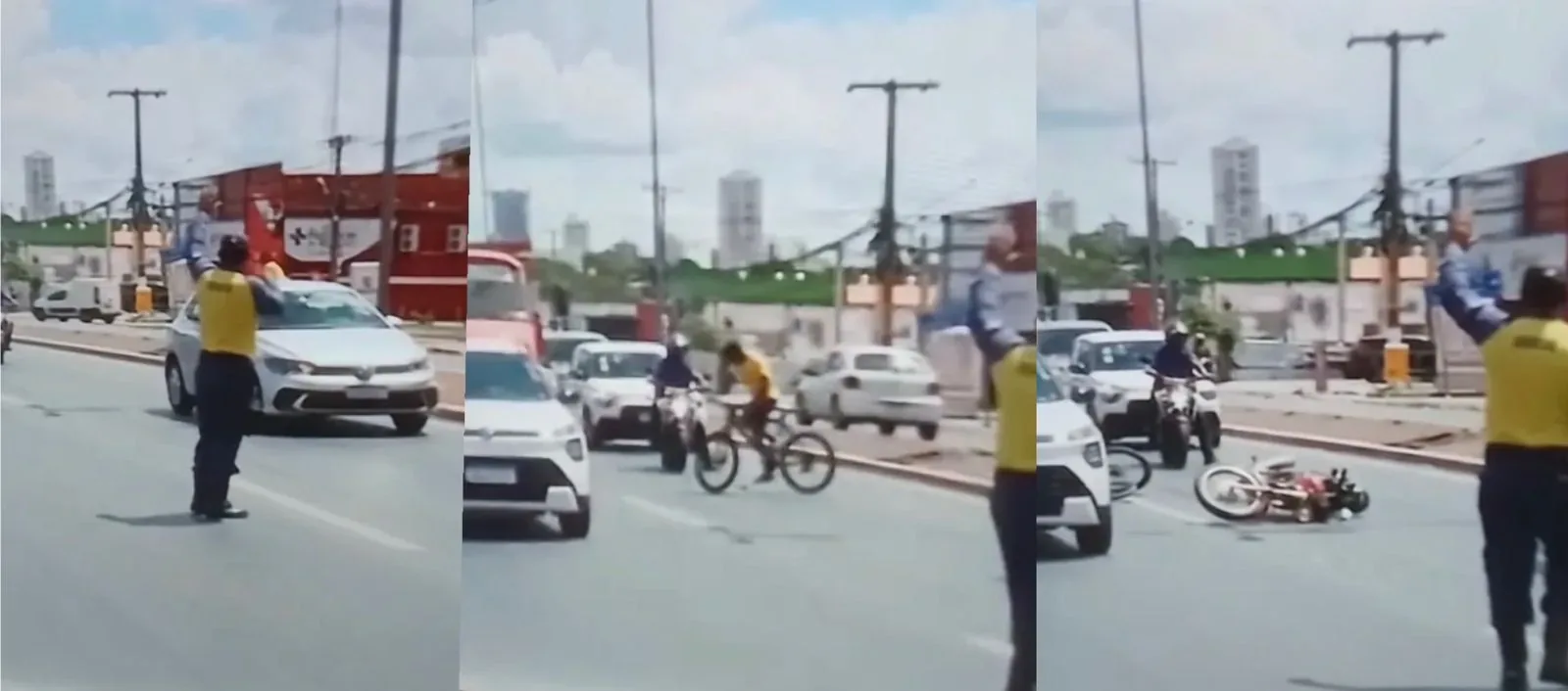 Motociclista ignora controle de tráfego e atinge ciclista durante reportagem em Cuiabá; veja vídeo